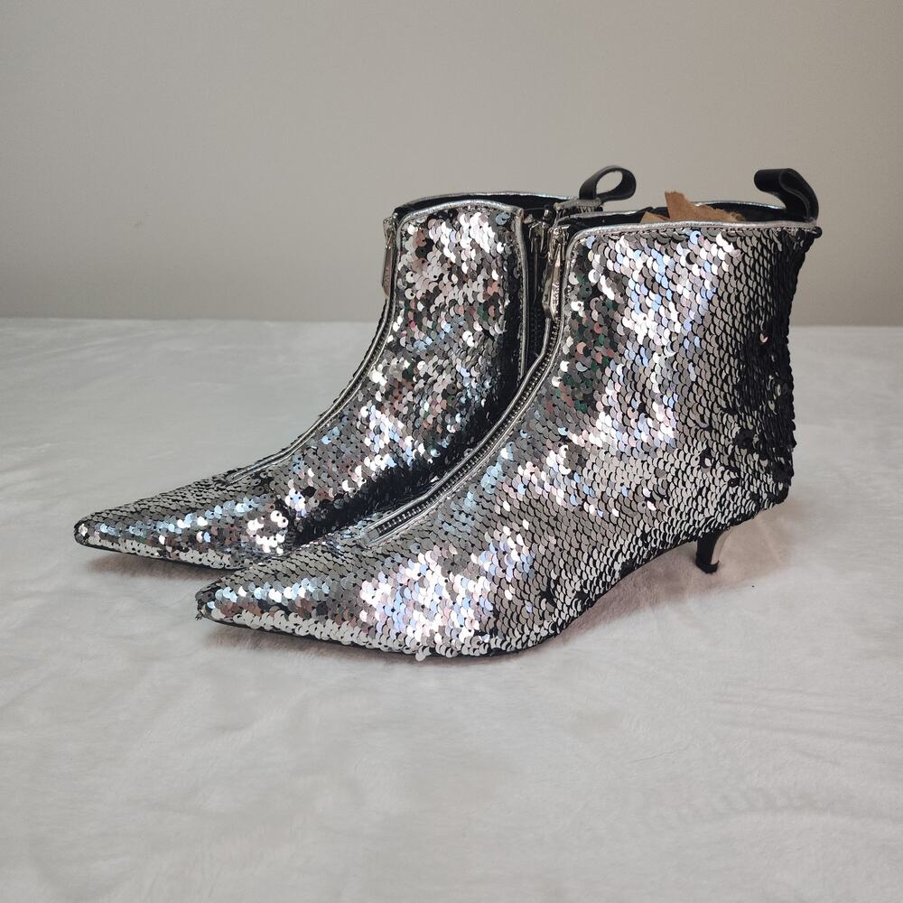 Metallic Silver Flip Sequin Disco Boots 36 6 Pointed Toe Kitten Heel Ankle Black